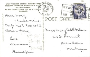 Dear Mary, Had a nice trip not too cold down here Love Grandma + Grandpa (postmarked 2-25-1959)